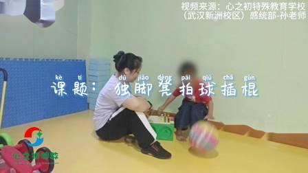 感统训练游戏:独脚凳拍球插棍-课题目标:锻炼孩子平衡,手眼协调,双侧协调,专注力及反应力。视频来源:心之初特殊教育学校-武汉新洲邾城街校区-感统部-孙老师